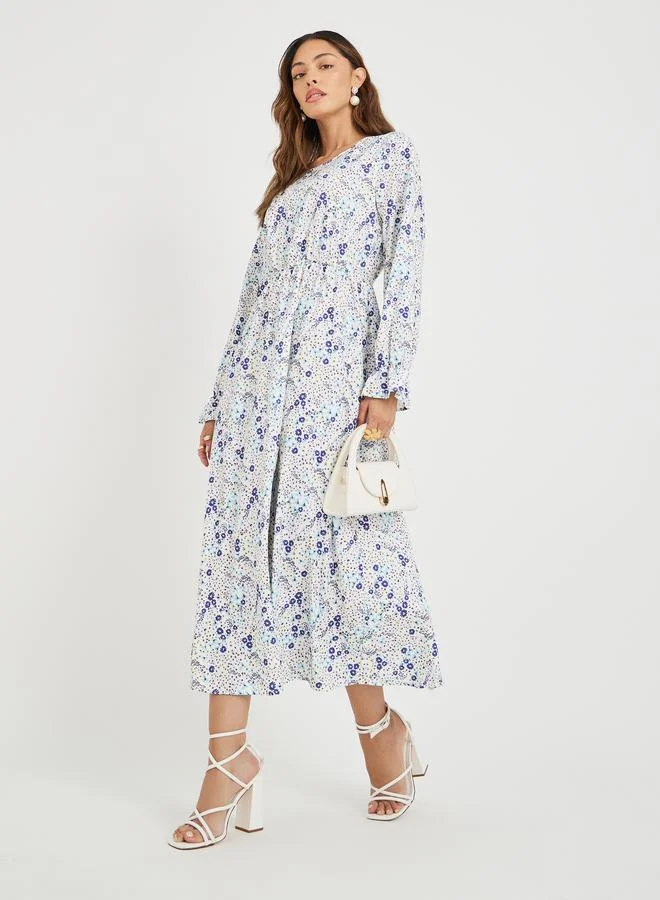 تايك تو Take Two Ditsy Floral Print Long Sleeve A-Line Midi Dress