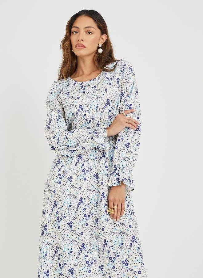 تايك تو Take Two Ditsy Floral Print Long Sleeve A-Line Midi Dress