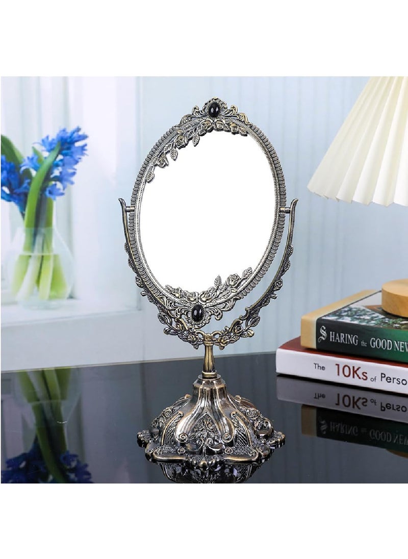 guppy Guppy Metal Vintage Makeup Mirror, Tabletop Oval Cosmetic Mirror, Vintage Swivel Double Sided Cosmetic Mirror with Embossed Frame Stand Base, Retro Mirror for Dresser Counter Display-Antique Bronze 