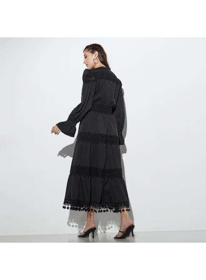 2Xtremz 2Xtremz Lace Detail Tiered Midi Dress with V-neck and Long Sleeves