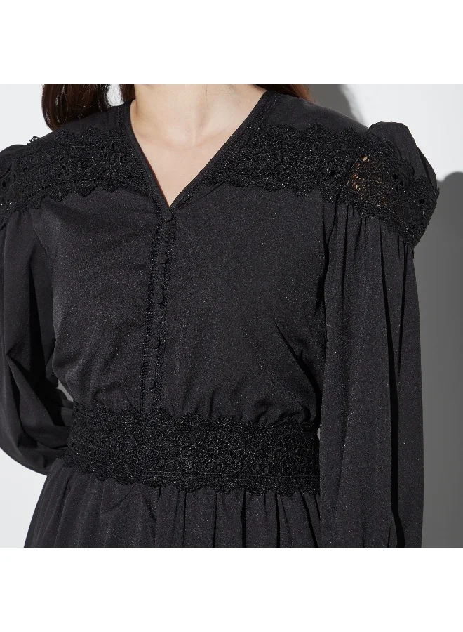 2Xtremz 2Xtremz Lace Detail Tiered Midi Dress with V-neck and Long Sleeves