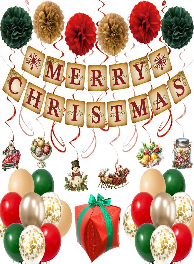 Roetyce Christmas Party Decorations, Vintage Merry Christmas Banner Balloons Hanging Swirls Kit Indoor Outdoor, Funny Home Xmas Party Supplies Photo Backdrop Background - Image 1