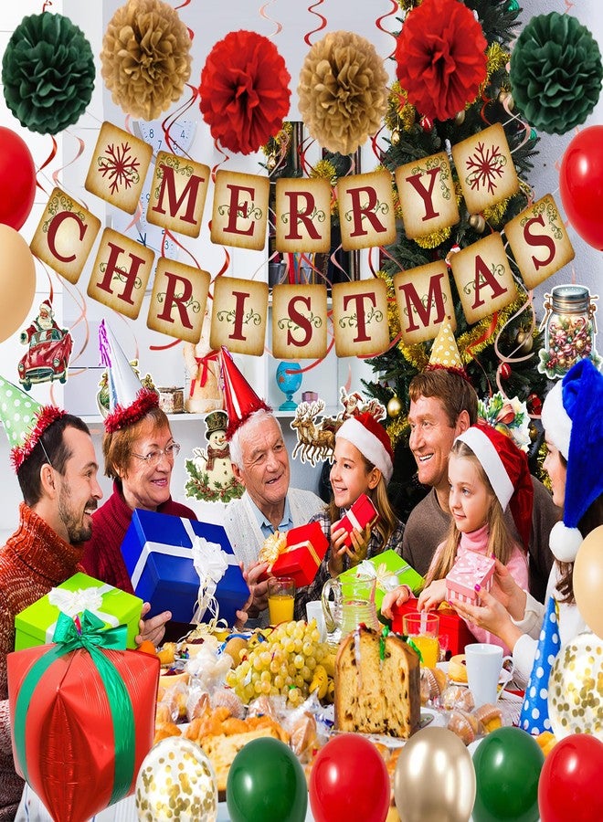 Roetyce Christmas Party Decorations, Vintage Merry Christmas Banner Balloons Hanging Swirls Kit Indoor Outdoor, Funny Home Xmas Party Supplies Photo Backdrop Background - Image 4