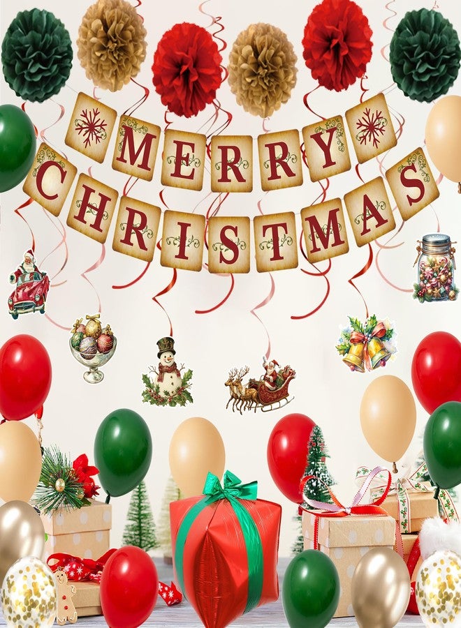 Roetyce Christmas Party Decorations, Vintage Merry Christmas Banner Balloons Hanging Swirls Kit Indoor Outdoor, Funny Home Xmas Party Supplies Photo Backdrop Background - Image 5