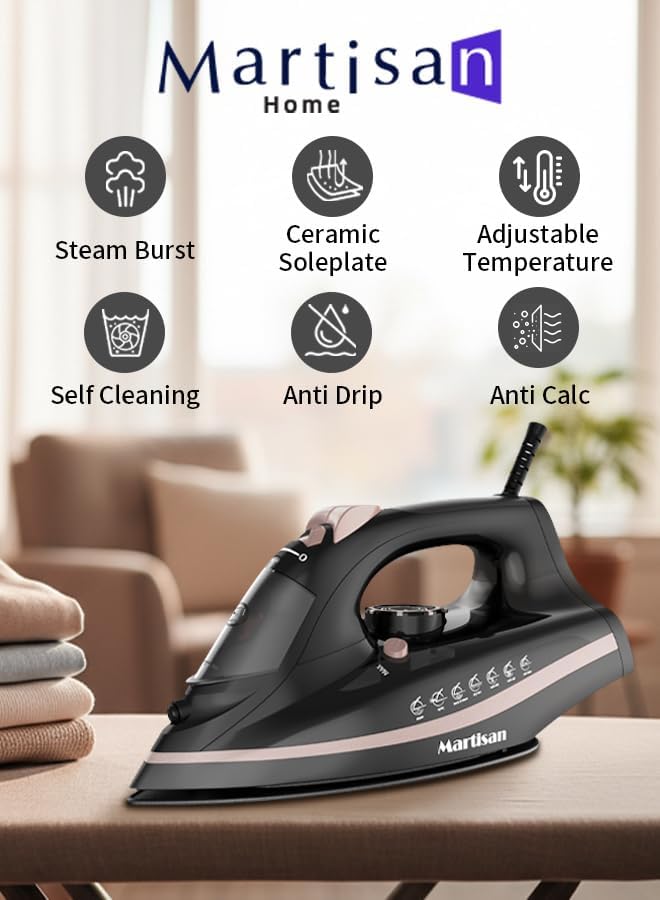 مارتيزان مكواة بخار من ماركة مارتيشان ( Steam Iron)، قوة 2600 واط، سرعة دوران 160 غرامًا في الدقيقة، وقت تسخين 20 ثانية، 39 فتحة موزعة بشكل متساوٍ، قاعدة من السيراميك، وظيفة الرش والتنظيف الذاتي، درجة حرارة قابلة للتعديل، مانع لتسرب الماء وترسب الرواسب، خزان ماء كبير، لون ذهبي وردي. - Image 2