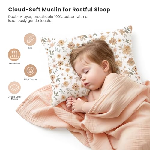 Konssy Muslin Toddler Pillowcase for 13x18 Pillow 2 Pack 100 Cotton Toddler Pillow Case Cover Soft Breathable Travel Babay Kids Pillow Covers with Envelope ClosureFlourish Toffee - Image 3