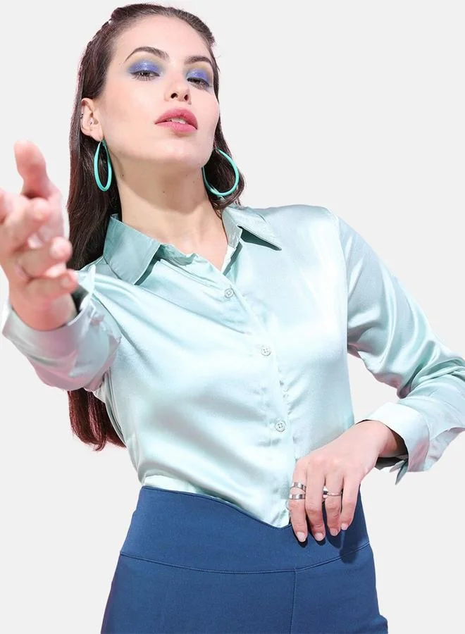 Freehand Freehand Women Green Satin Slim Fit Solid Shirt