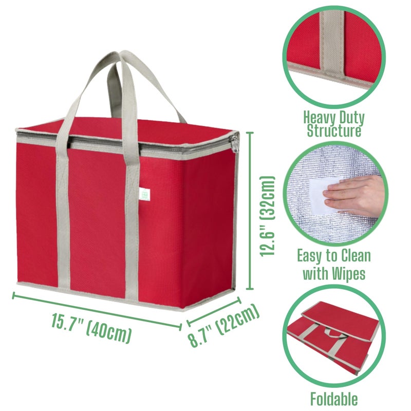 VENO 2 Pack Cooler Bag and Insulated Grocery Bags for Food Delivery, Collapsible Cooler, Reusable Shopping Bags for Groceries with Zipper, Foldable, Heavy-Duty, Stands Upright (Red, 2 Pack) - Image 2