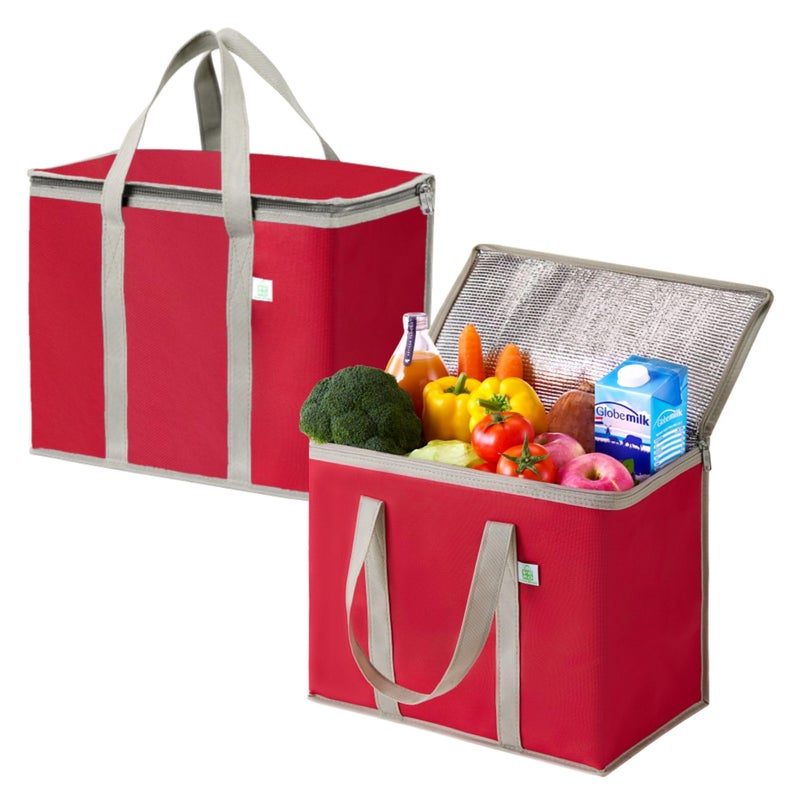 VENO 2 Pack Cooler Bag and Insulated Grocery Bags for Food Delivery, Collapsible Cooler, Reusable Shopping Bags for Groceries with Zipper, Foldable, Heavy-Duty, Stands Upright (Red, 2 Pack) - Image 1