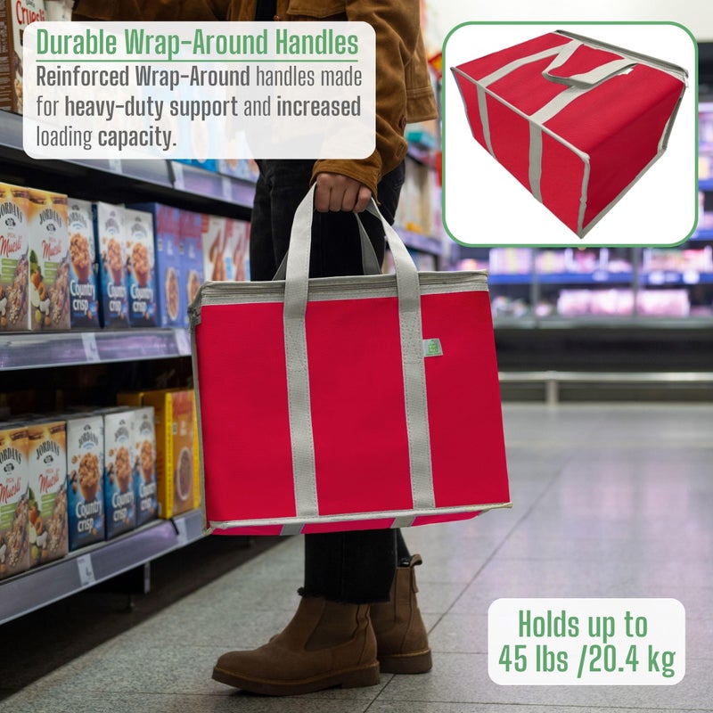 VENO 2 Pack Cooler Bag and Insulated Grocery Bags for Food Delivery, Collapsible Cooler, Reusable Shopping Bags for Groceries with Zipper, Foldable, Heavy-Duty, Stands Upright (Red, 2 Pack) - Image 5