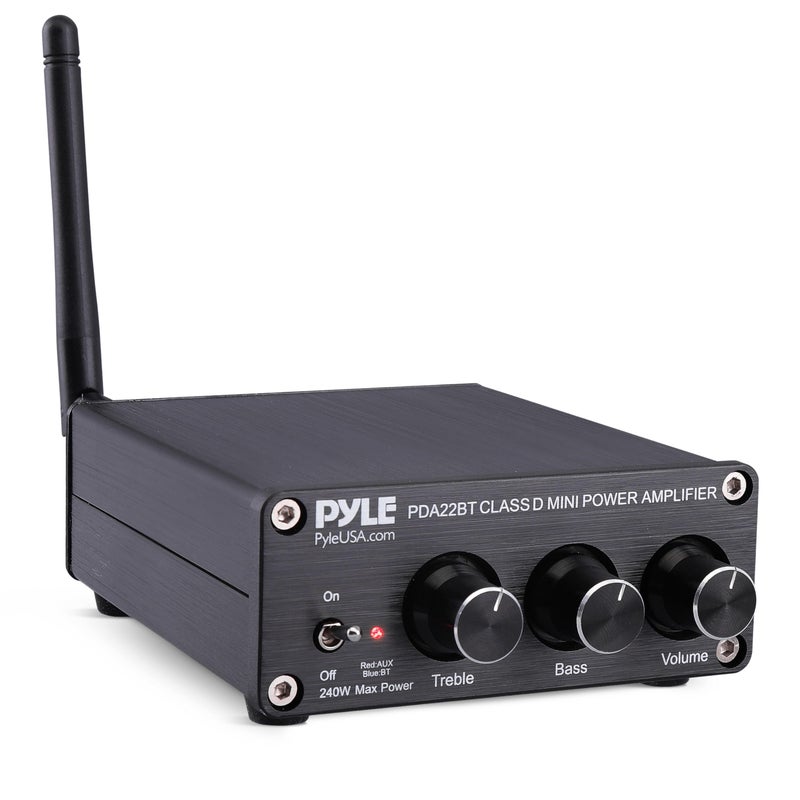Pyle 240W Mini Bluetooth Home Stereo Amplifier - 2 Channel Compact Micro Receiver with Bass & Treble Control Dials - Includes Power Supply - Use with Passive Speakers for Indoor - Garage - Desktop - Image 1