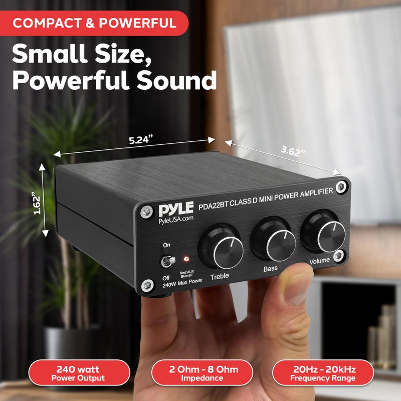Pyle 240W Mini Bluetooth Home Stereo Amplifier - 2 Channel Compact Micro Receiver with Bass & Treble Control Dials - Includes Power Supply - Use with Passive Speakers for Indoor - Garage - Desktop - Image 3