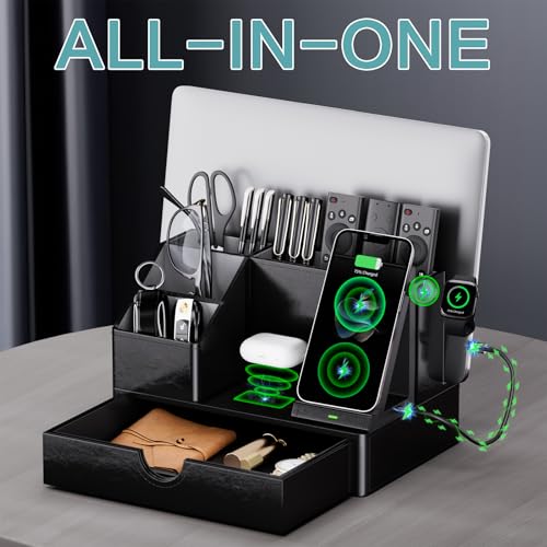 LADSTAG Black PU Leather Multi-Device Charging Station with Drawer - 6-in-1 Desktop Organizer for Phone, iPad, Tablet, Laptop, Watch, Headphones - Electronics Docking Hub & Storage Box for Office Home (Black) - Image 4
