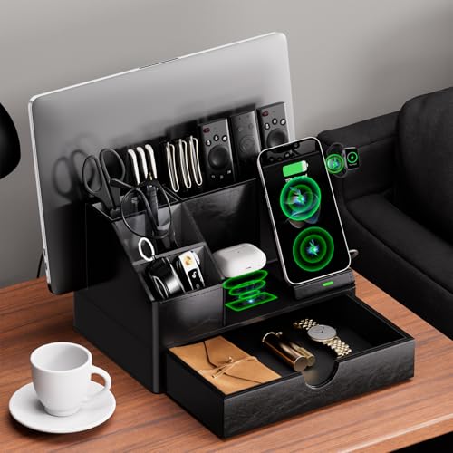 LADSTAG Black PU Leather Multi-Device Charging Station with Drawer - 6-in-1 Desktop Organizer for Phone, iPad, Tablet, Laptop, Watch, Headphones - Electronics Docking Hub & Storage Box for Office Home (Black) - Image 3