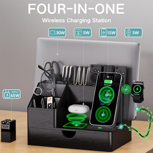 LADSTAG Black PU Leather Multi-Device Charging Station with Drawer - 6-in-1 Desktop Organizer for Phone, iPad, Tablet, Laptop, Watch, Headphones - Electronics Docking Hub & Storage Box for Office Home (Black) - Image 2