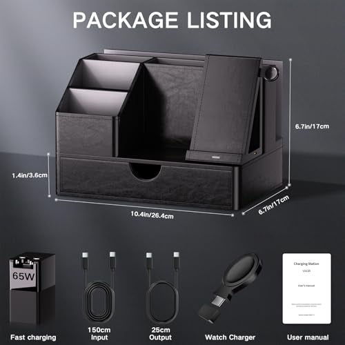 LADSTAG Black PU Leather Multi-Device Charging Station with Drawer - 6-in-1 Desktop Organizer for Phone, iPad, Tablet, Laptop, Watch, Headphones - Electronics Docking Hub & Storage Box for Office Home (Black) - Image 5