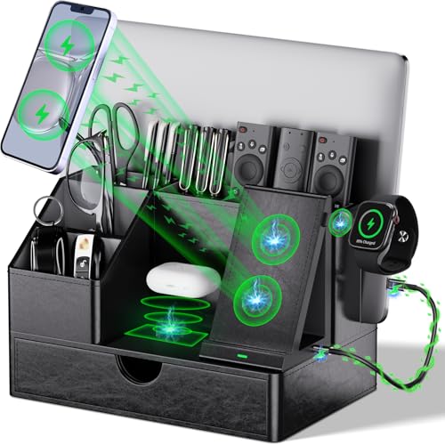 LADSTAG Black PU Leather Multi-Device Charging Station with Drawer - 6-in-1 Desktop Organizer for Phone, iPad, Tablet, Laptop, Watch, Headphones - Electronics Docking Hub & Storage Box for Office Home (Black) - Image 1