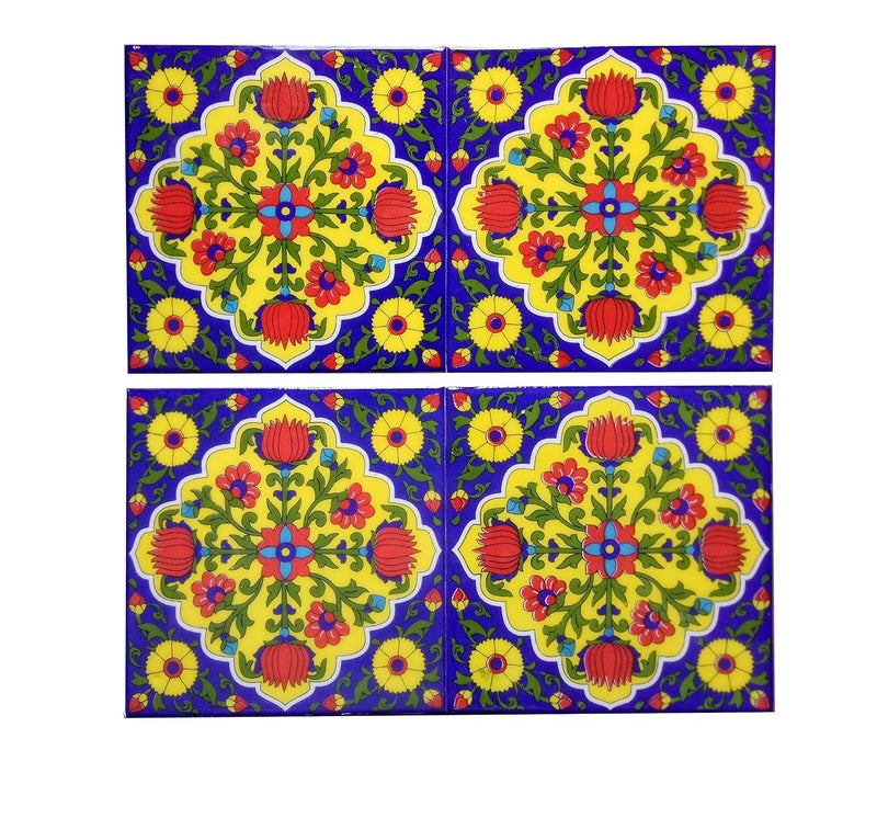 Shiv Kripa Blue Pottery Home Decor Tiles Ceramic High Lighter Wall Kitchen Bathroom Handmade Tiles 6 x 6 Inch Set of 4Tiles Blue Multi