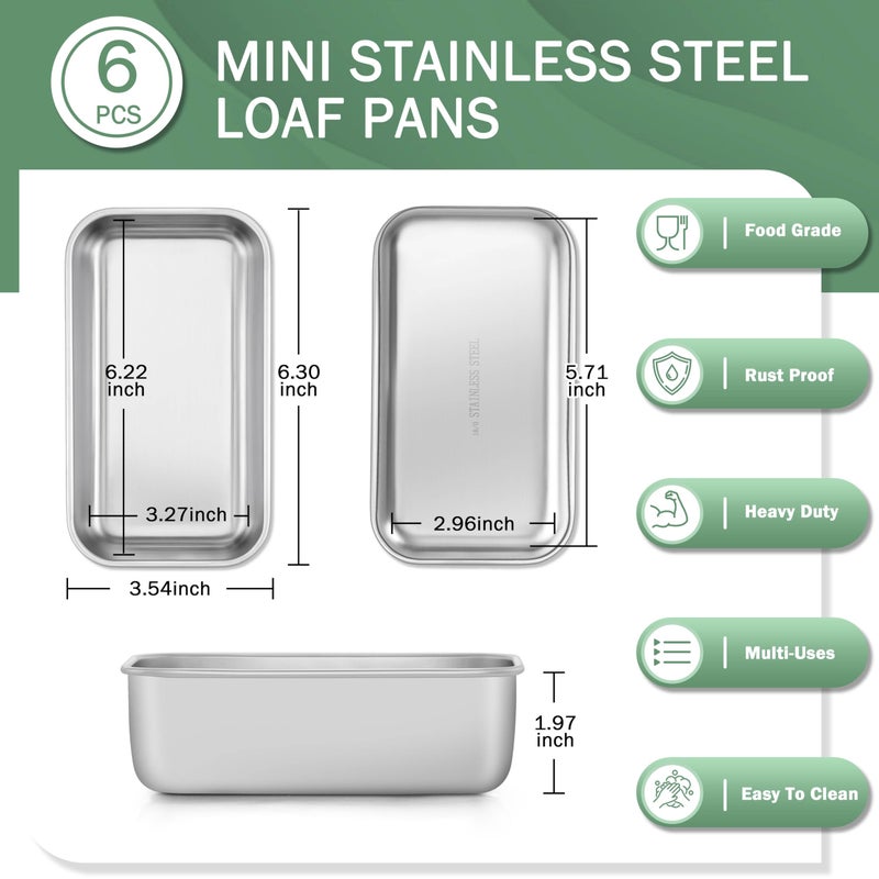 TeamFar Mini Loaf Pan, 6 PCS Stainless Steel Loaf Pans for Baking Bread, 6.3 x 3.5 Inch Bread Baking Pan for Homemade Bread, Meatloaf, Cake and Brownies, Non-Toxic, Oven & Dishwasher Safe - Image 2
