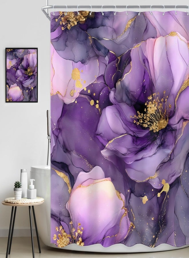 Ufeela Purple Floral Marble Shower Curtain 60Wx72L Inch Abstract Flower Modern Rose Peony Luxury Ink Texture Elegant Pretty Women Bathroom Set Bath Curtain Bathtub Accessories Home Decor - Image 2