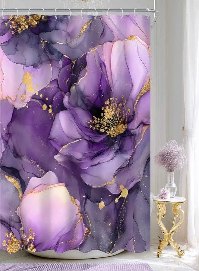 Ufeela Purple Floral Marble Shower Curtain 60Wx72L Inch Abstract Flower Modern Rose Peony Luxury Ink Texture Elegant Pretty Women Bathroom Set Bath Curtain Bathtub Accessories Home Decor - Image 1