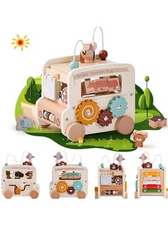 M MIAOYAN 8 in 1 wooden activity cube Montessori toys, multifunctional early childhood learning toys, baby activity cube for shape sorting, xylophone, animals, wooden early childhood educational multifunctional hexahedron busy box cart educational Montessori bus car toy  - Image 1
