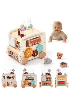 M MIAOYAN 8 in 1 wooden activity cube Montessori toys, multifunctional early childhood learning toys, baby activity cube for shape sorting, xylophone, animals, wooden early childhood educational multifunctional hexahedron busy box cart educational Montessori bus car toy  - Image 2