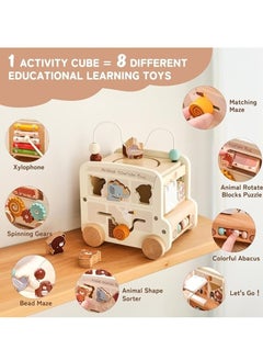 M MIAOYAN 8 in 1 wooden activity cube Montessori toys, multifunctional early childhood learning toys, baby activity cube for shape sorting, xylophone, animals, wooden early childhood educational multifunctional hexahedron busy box cart educational Montessori bus car toy  - Image 3