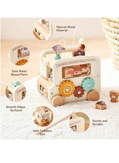 M MIAOYAN 8 in 1 wooden activity cube Montessori toys, multifunctional early childhood learning toys, baby activity cube for shape sorting, xylophone, animals, wooden early childhood educational multifunctional hexahedron busy box cart educational Montessori bus car toy  - Image 5