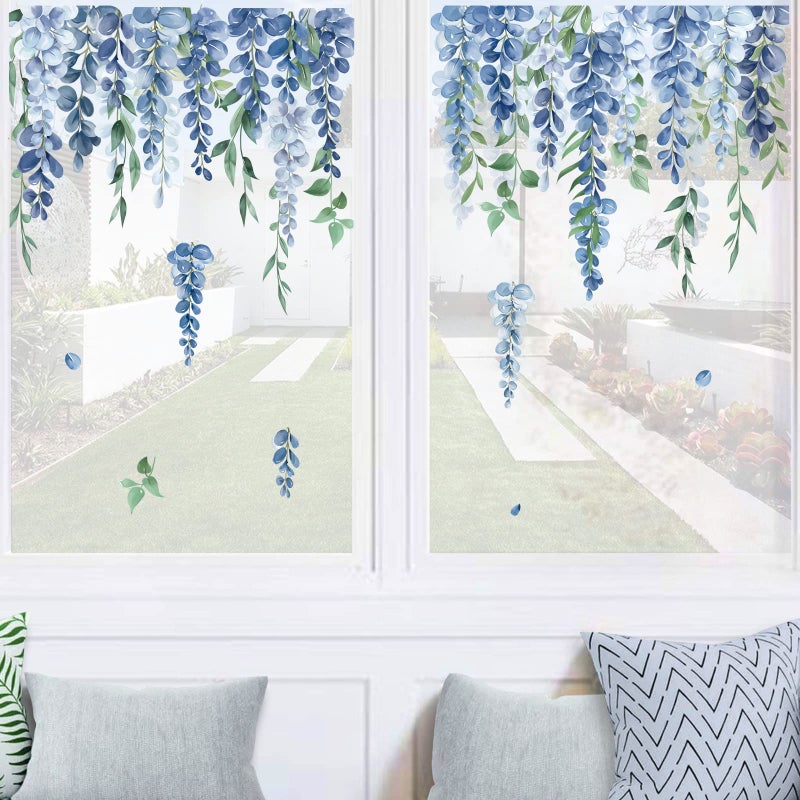 Decalmile Blue Flower Double Sided Window Clings Hanging Vine Floral Leaf Window Decals Anti-Collision Glass Doors Window Stickers Gift For Mom - Image 3