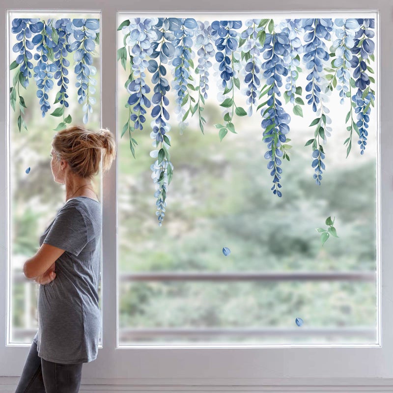 Decalmile Blue Flower Double Sided Window Clings Hanging Vine Floral Leaf Window Decals Anti-Collision Glass Doors Window Stickers Gift For Mom - Image 1