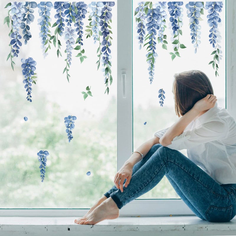 Decalmile Blue Flower Double Sided Window Clings Hanging Vine Floral Leaf Window Decals Anti-Collision Glass Doors Window Stickers Gift For Mom - Image 2