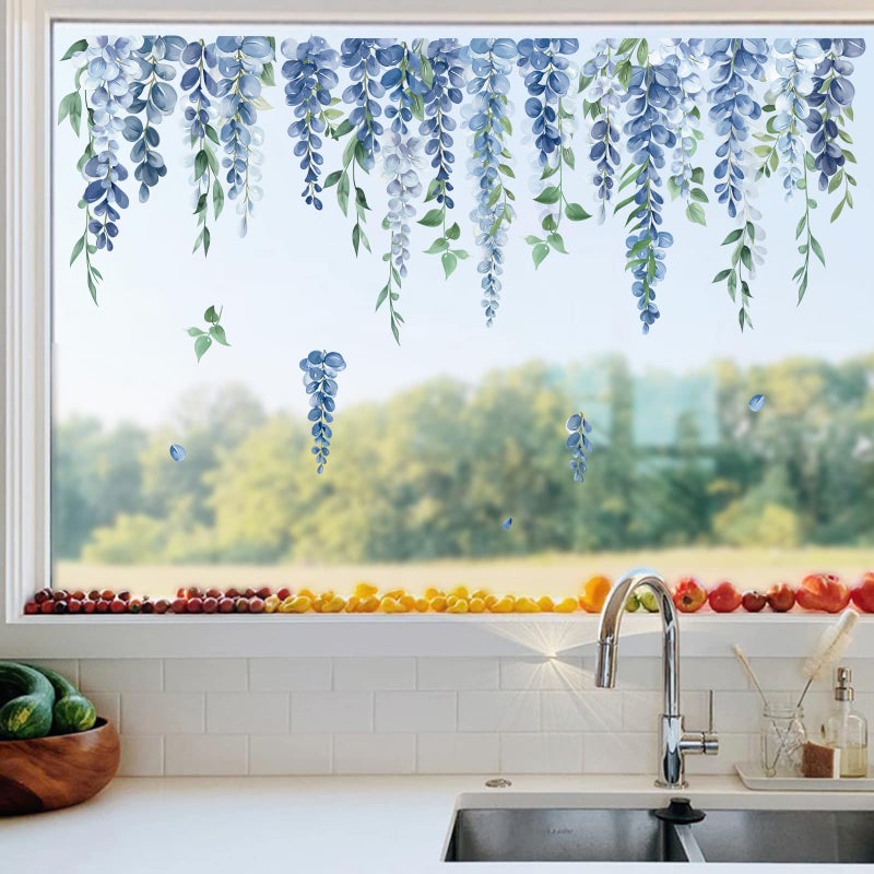 Decalmile Blue Flower Double Sided Window Clings Hanging Vine Floral Leaf Window Decals Anti-Collision Glass Doors Window Stickers Gift For Mom - Image 4