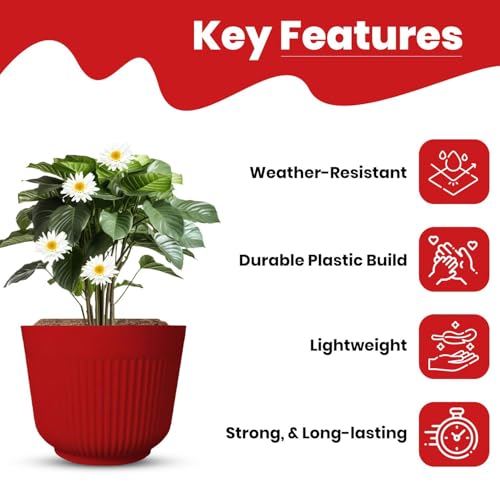IMAGINEA 12 Inch Flower Pots | Pack of 6 | Big Size Planters Indoor & Outdoor Home Gardening Pots for Plants Plastic Gamla for Flowers, Herbs, Cactus Plant (Red) - Image 3