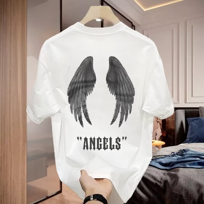 American Short-sleeved T-shirt Mens and Womens Retro Letters Creative Trendy Brand Wings Printed Loose Couples Summer Half-sleeved Suit White