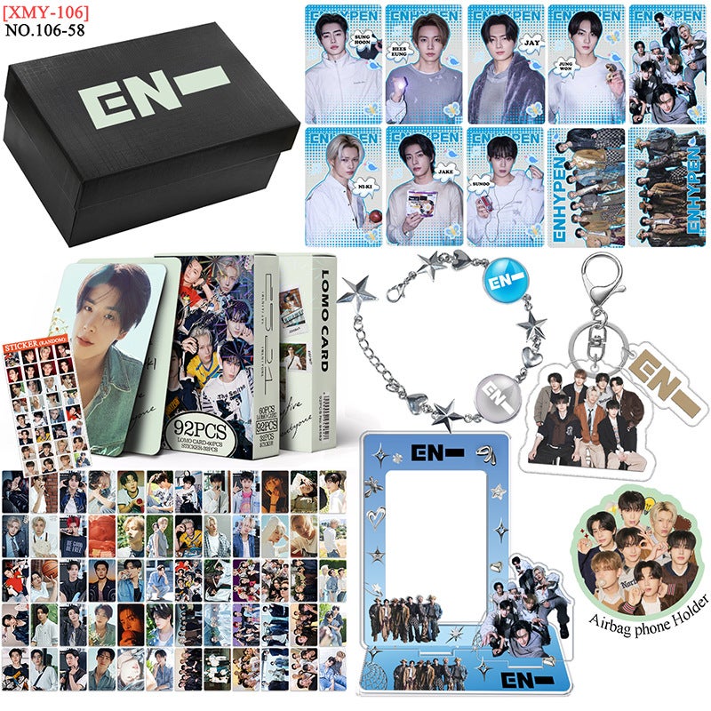 ENHYPEN Inspired Gift Box Set – K-pop LOMO Cards + Zinc Alloy Bracelet + Standee + Photo Frame + Keychain + Card, Fan Merch Collectible Kit