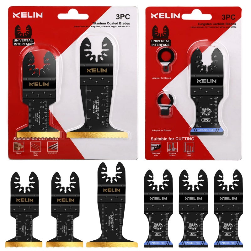 KELIN 6 PCS Carbide and Titanium Multitool Blades Kit, Heavy Duty Oscillating Tool Saw Blades for Steel Bolts Screws Metal Wood Cutting with Hangable Case, Universal Interface Fit Bosch Fein Dewalt - Image 1