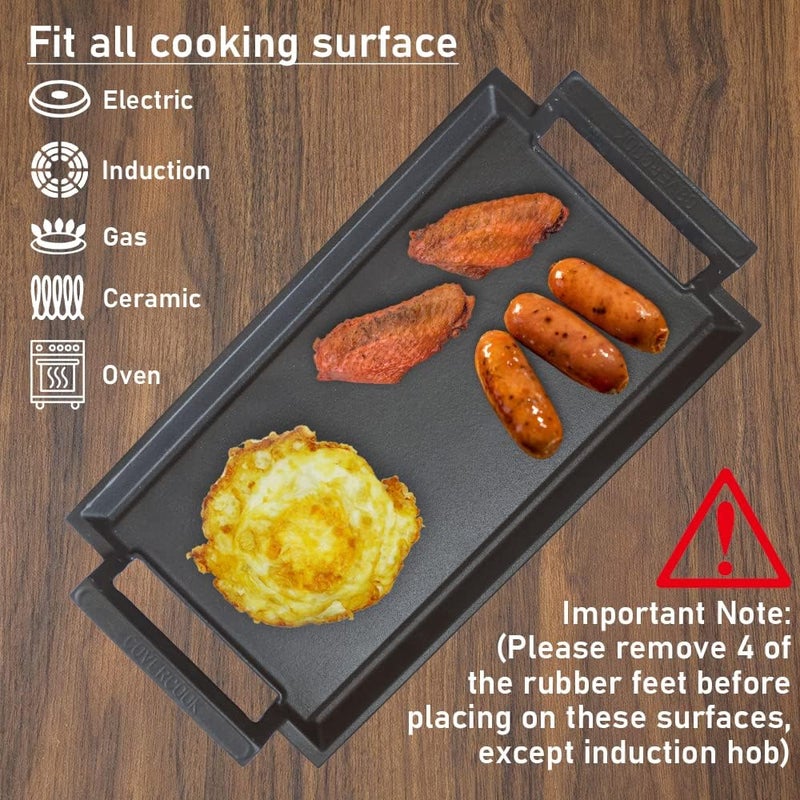 COVERCOOK Griddle Pan, Cast Iron Grill Pan, Rectangular Grill, 2 Handles,Nonstick Griddle with Flat and Ridged Surface for Induction Hob Open Fire Oven Electric Cooktop - Image 5
