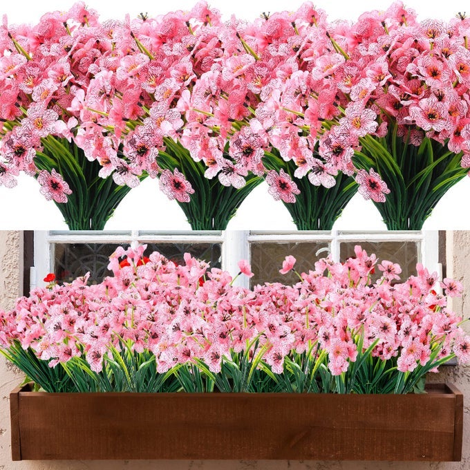24 PCS ARTIFICIAL FLOWERS OUTDOOR SPRING DECORATION UV RESISTANT SILK FAUX FLOWERS PLANTS BULK REALISTIC NO FADE FOR INDOOR OUTSIDE HOME PORCH WINDOW BOX PLANTER DECOR PINK