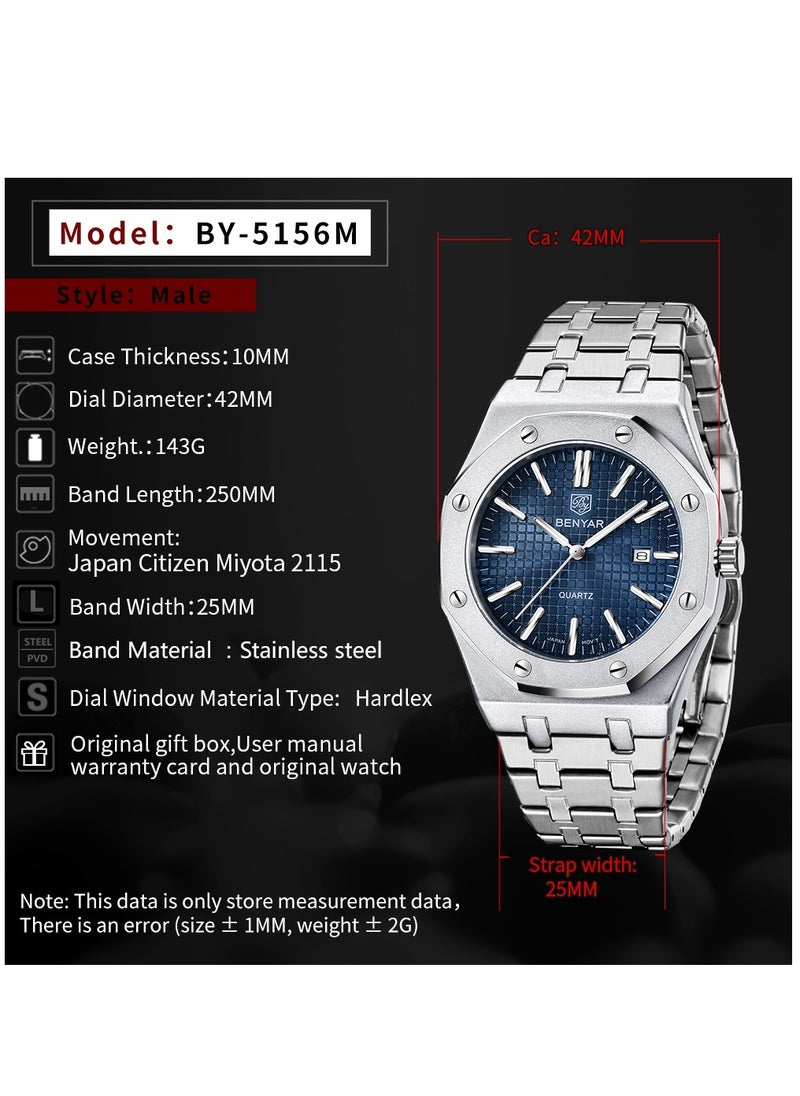 BENYAR - Watches for Men Watch Luxury Stainless Steel Quartz Waterproof Watch 5156 - Image 1