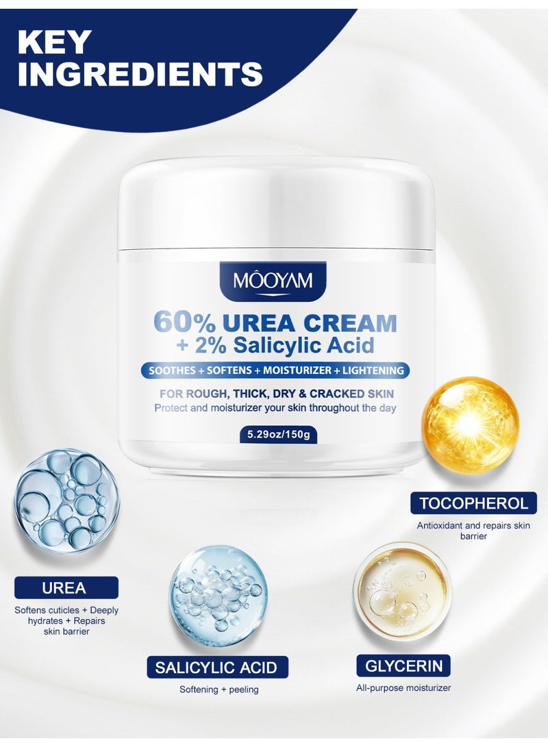 MOOYAM 60% Urea Cream with 2% Salicylic Acid Maximum Strength Treatment Soothes Softens Moisturizes and Lightens Heels Elbows and Hands for Rough Thick Dry and Cracked Skin 150g - Image 3