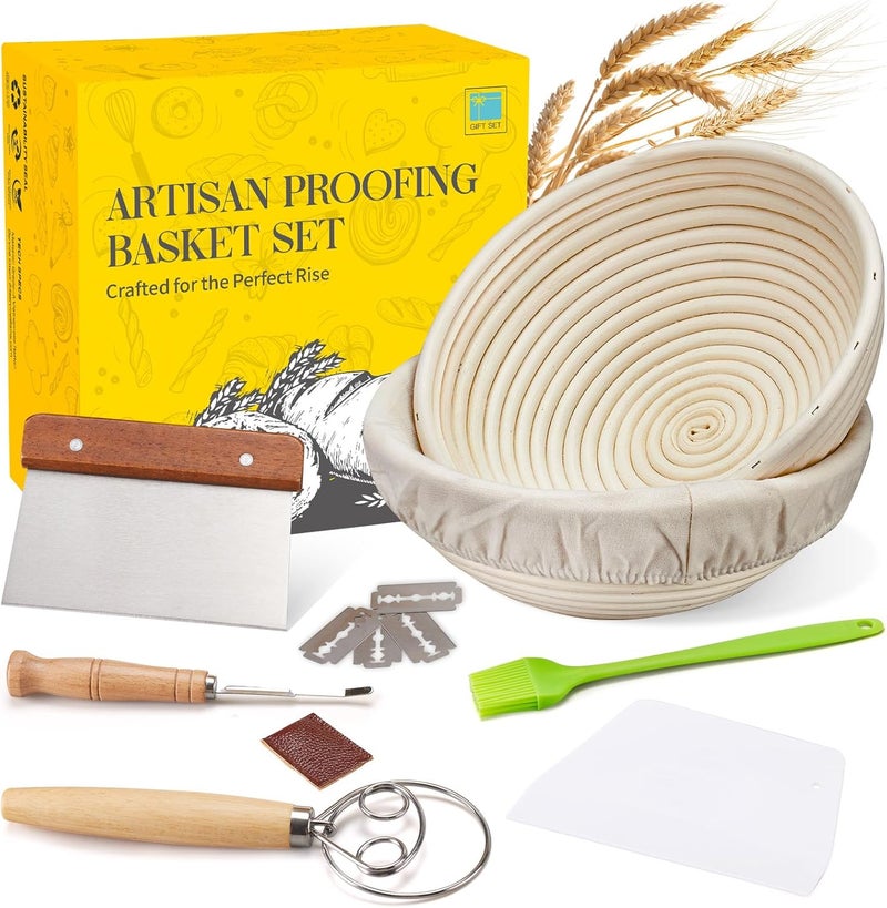 Dimpola Banneton Bread Proofing Basket Banneton Basket Set Sourdough Proofing Basket Round Proofing Bowls Handmade Rattan Baskets and Liners (Round of 2 Gift Set) - Image 1