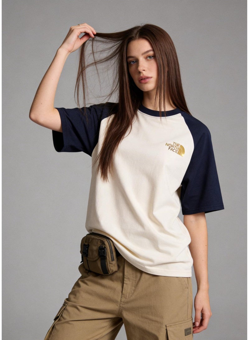 THE NORTH FACE Style Navy & Cream Color Block Raglan T-Shirt Unisex Loose Casual Couple Short Sleeve Tee - Image 2