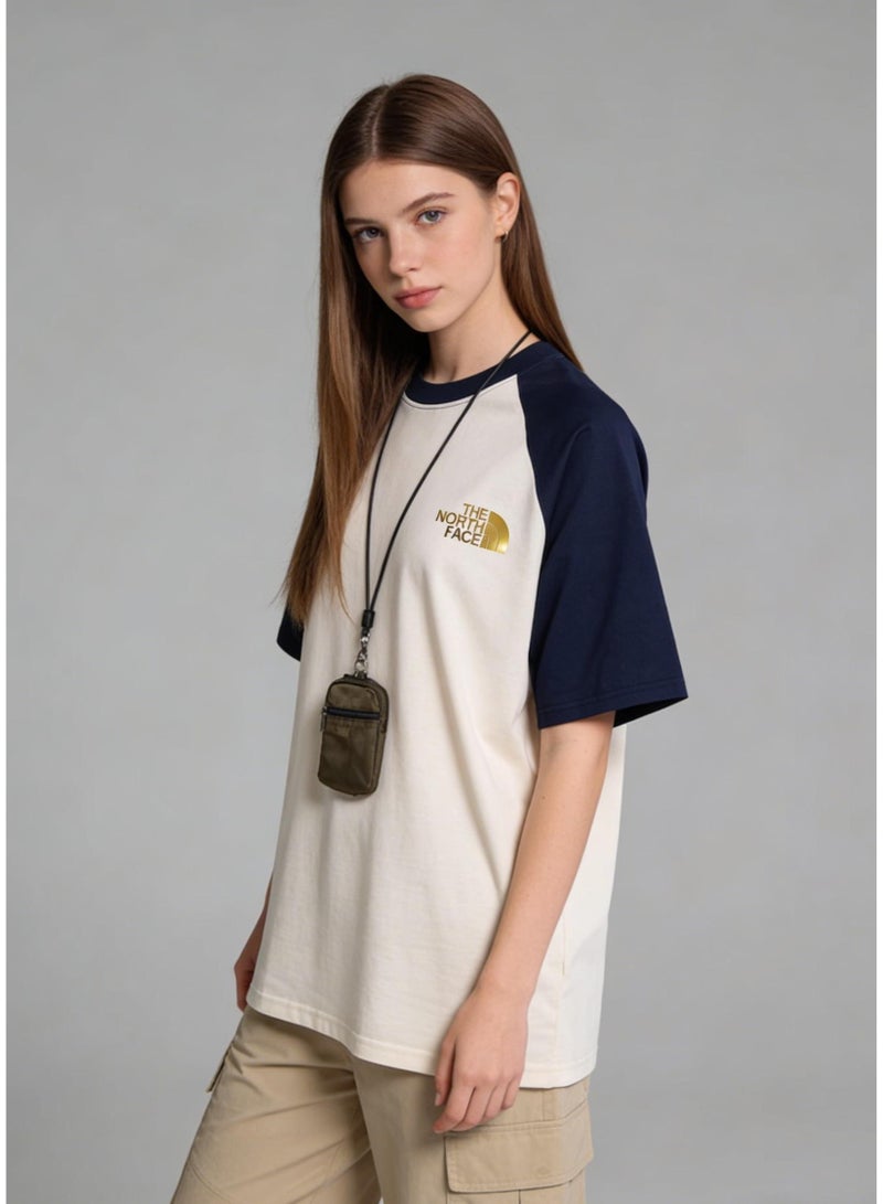 THE NORTH FACE Style Navy & Cream Color Block Raglan T-Shirt Unisex Loose Casual Couple Short Sleeve Tee - Image 4
