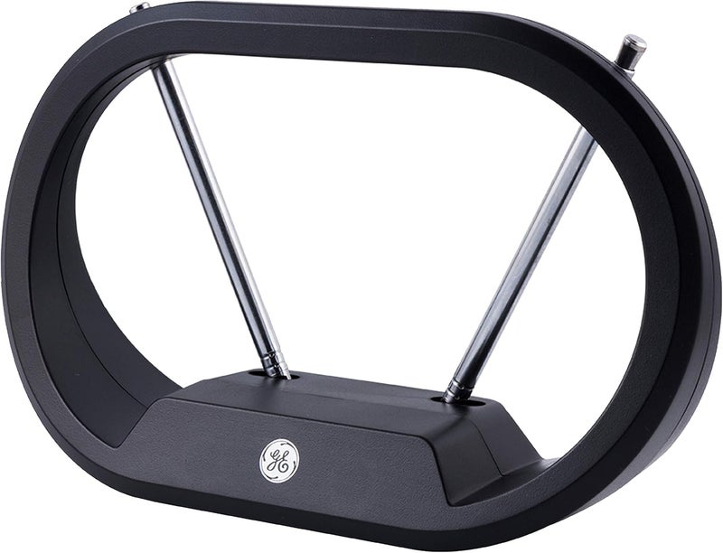 GE هوائي تلفزيون داخلي بأذني أرنب حديثة، 15 بوصة قابلة للتمديد، VHF UHF 4K 1080P، هوائي طاولة، هوائي HDTV رقمي، متوافق مع التلفزيون الذكي، كابل محوري بطول 4 أقدام، أسود، 33675 - Image 1