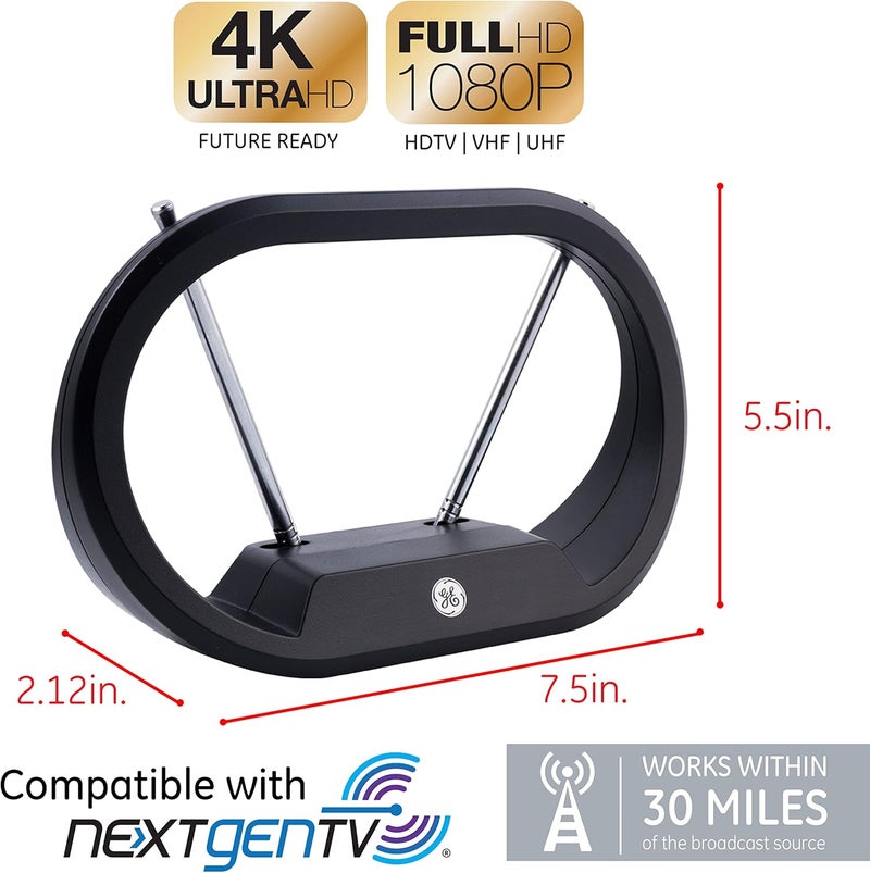 GE هوائي تلفزيون داخلي بأذني أرنب حديثة، 15 بوصة قابلة للتمديد، VHF UHF 4K 1080P، هوائي طاولة، هوائي HDTV رقمي، متوافق مع التلفزيون الذكي، كابل محوري بطول 4 أقدام، أسود، 33675 - Image 3