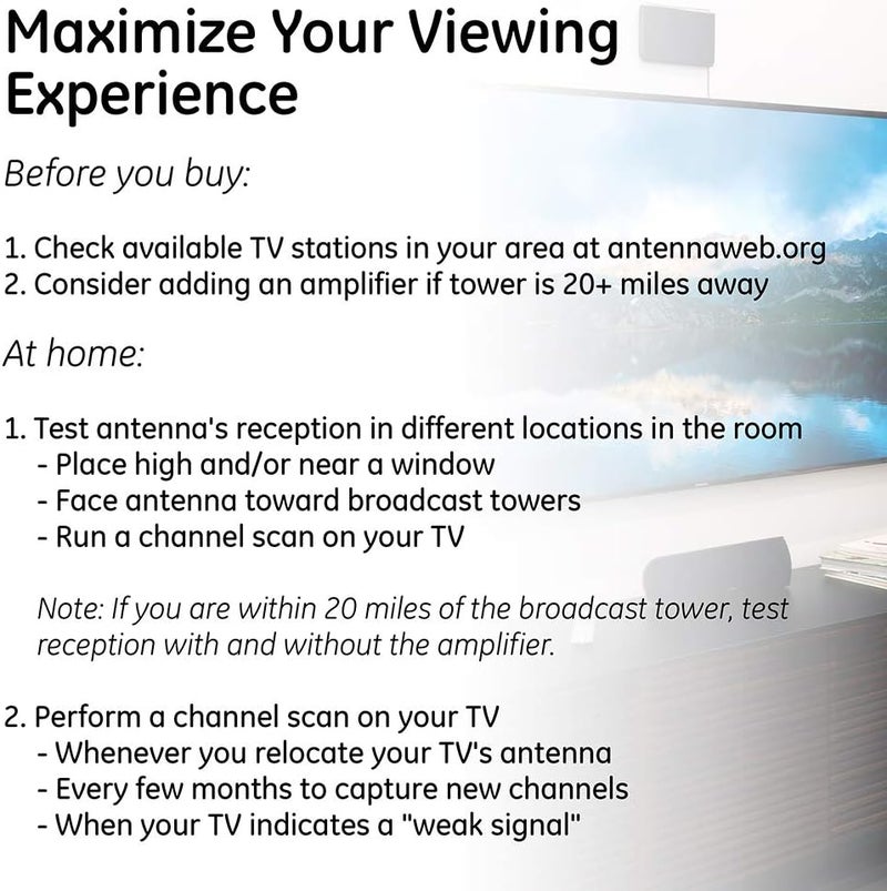 GE هوائي تلفزيون داخلي بأذني أرنب حديثة، 15 بوصة قابلة للتمديد، VHF UHF 4K 1080P، هوائي طاولة، هوائي HDTV رقمي، متوافق مع التلفزيون الذكي، كابل محوري بطول 4 أقدام، أسود، 33675 - Image 2