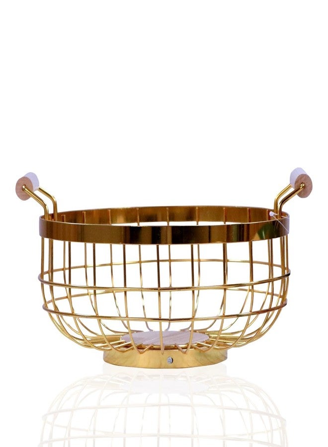 CONSILA Metal Golden Round Fruit Basket Shop Golden Fruit Basket Multipurpose Open Basket Fruit Stand for Kitchen Countertop Geometric Round Basket Handle Wooden Base - Image 1