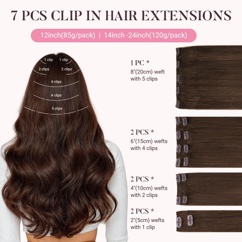 MAXITA Clip in Hair Extensions Real Human Hair 100% Remy Hair Extensions Clip ins Double Weft for Women,Natural Human Hair,16inch 120g 7Pcs,Chocolate Brown - Image 2