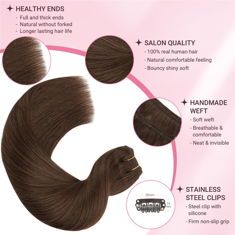 MAXITA Clip in Hair Extensions Real Human Hair 100% Remy Hair Extensions Clip ins Double Weft for Women,Natural Human Hair,16inch 120g 7Pcs,Chocolate Brown - Image 4